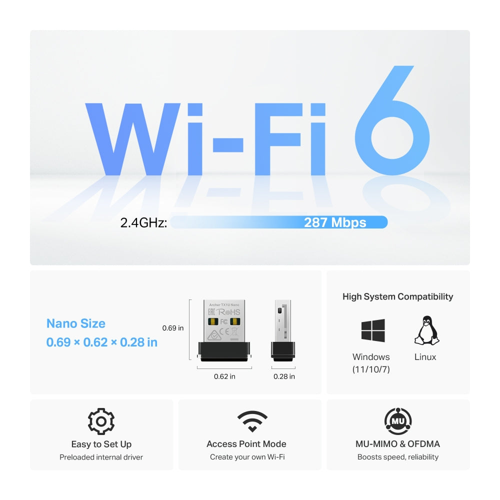 TP-Link AX300 Nano Wi-Fi 6 Wireless USB Adapter - TL-ARCHER TX1U NANO